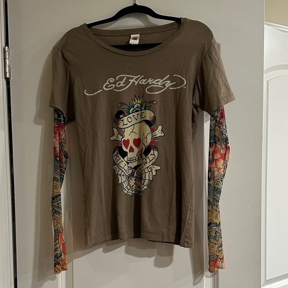 Ed Hardy Olive Graphic Long Sleeve Tee